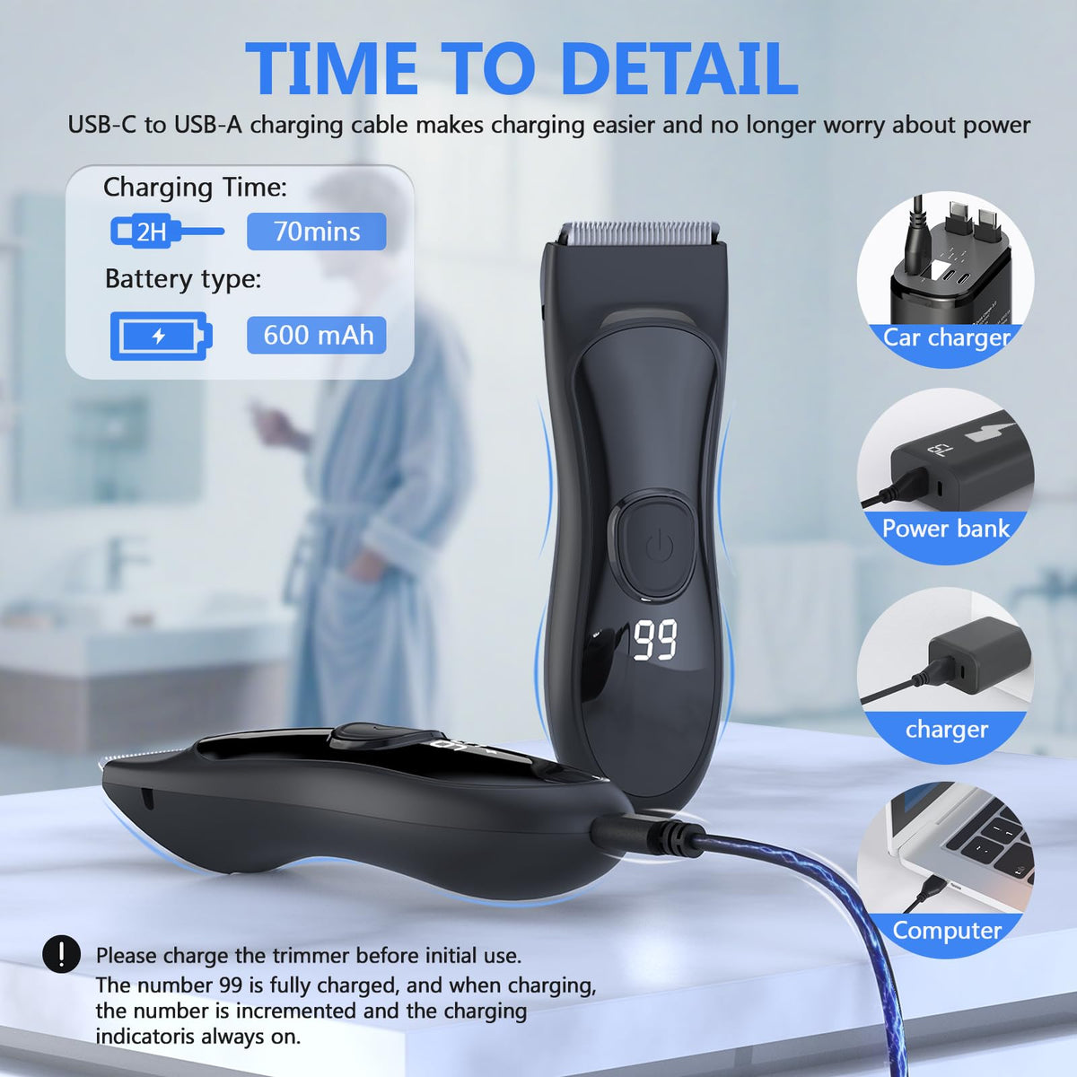 Beard and Body Trimmer for Men with Ceramic Blade, Waterproof, with 3 Guide Combs(1.5/3/6/9/12mm), Multifunction Electric Razor for Men & Pubic Shaver, LED Display, Travel Lock, Black