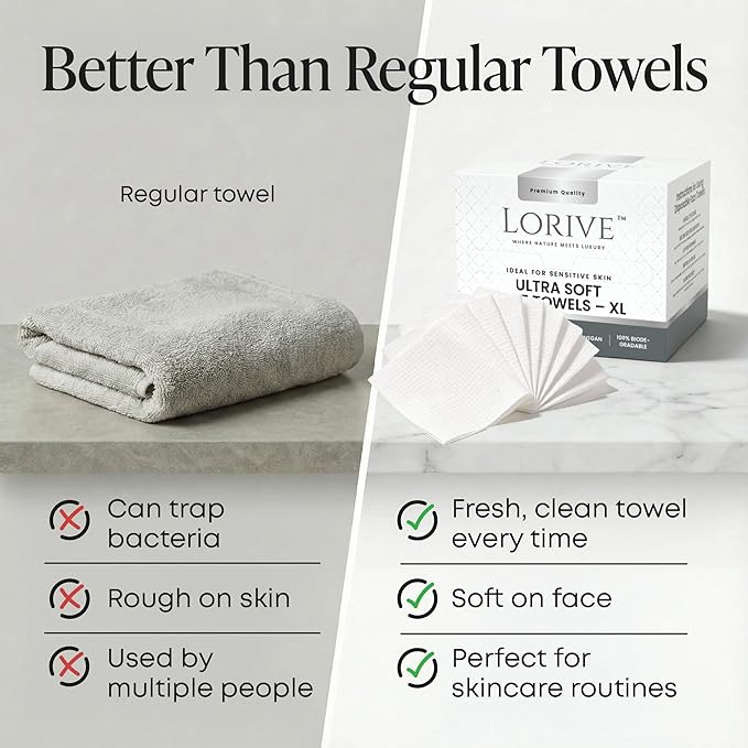 Disposable Face Towels XL 10 x 12, 60 Count – 100% Cotton Clean Skin Towels, Ultra Soft Lint Free Face Towelettes for Skincare & Makeup Removal, Thick Facial Dry Wipes for Sensitive Skin