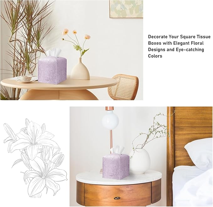 Tissue Box Holder Cover Square Tissue Cube Cover PU Leather Tissue Organizer with Bottom Belt for Bathroom, Tabletop, Kitchen, Night Stands, Office, Home, Car (2, Lightpurple)