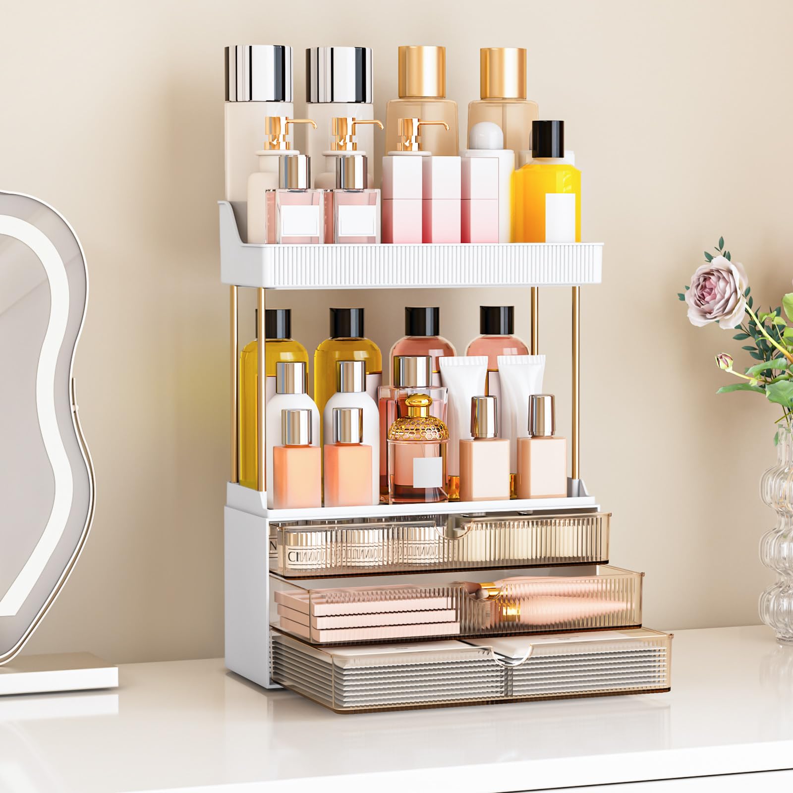 caktraie Bathroom Organizers and Storage - 3 Drawers 2 Tier Makeup Organizer, Cosmetic Storage Drawer for Dresser Countertop and Bathroom Vanity for Large Skincare, Perfume, Amber