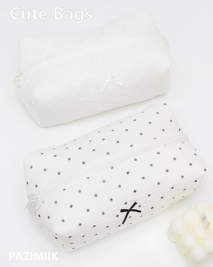 PAZIMIIK Cozy Makeup Bag for Women,Zipper Cosmetic Pouch,Gauze Polka Dot