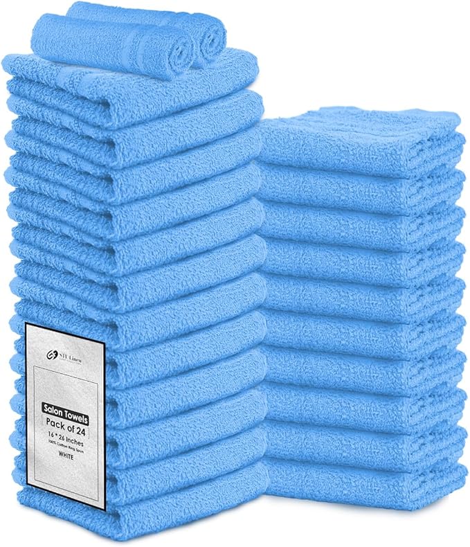 STF Linen Hand Towels (Pack of 24) Light Blue Economy Salon Towels - 100% Cotton Spa Towel– 16 x 27 Inches Highly Absorbable, Facial, Gym, Hair Towels Face Towels Bulk