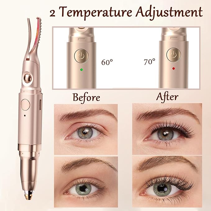 Heated Eyelash Curler - 2 in 1 Eye Lash Curler and Eyebrow Trimmer for Women with 2 Temperature Modes, USB Rechargeable Electric Eyelash Curler, Anti-Burn Design, Ideal Gift for Women(Gold)