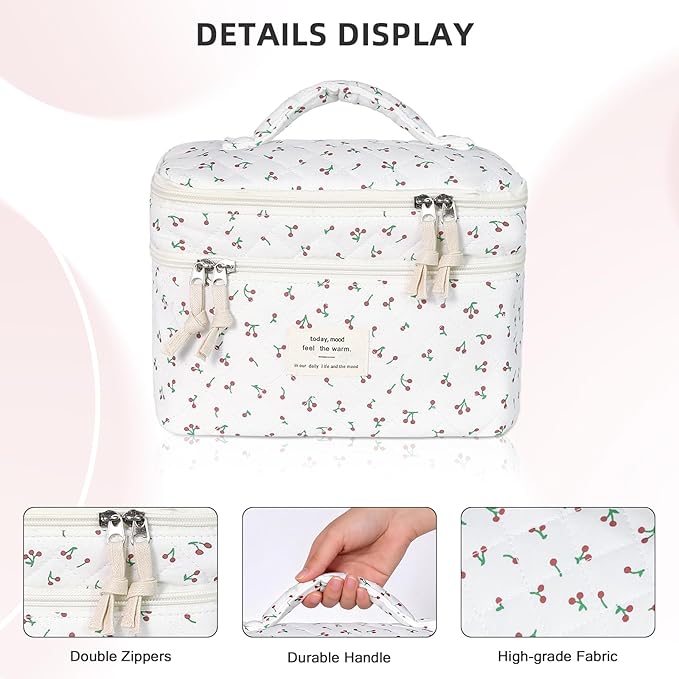 Gosect Makeup bag, Large Cosmetic Bag for Women Girls, Cute Quilted Makeup Bags, Floral Coquette Aesthetic Toiletry Bag, Travel Make Up Organizer Bag (Cherry)