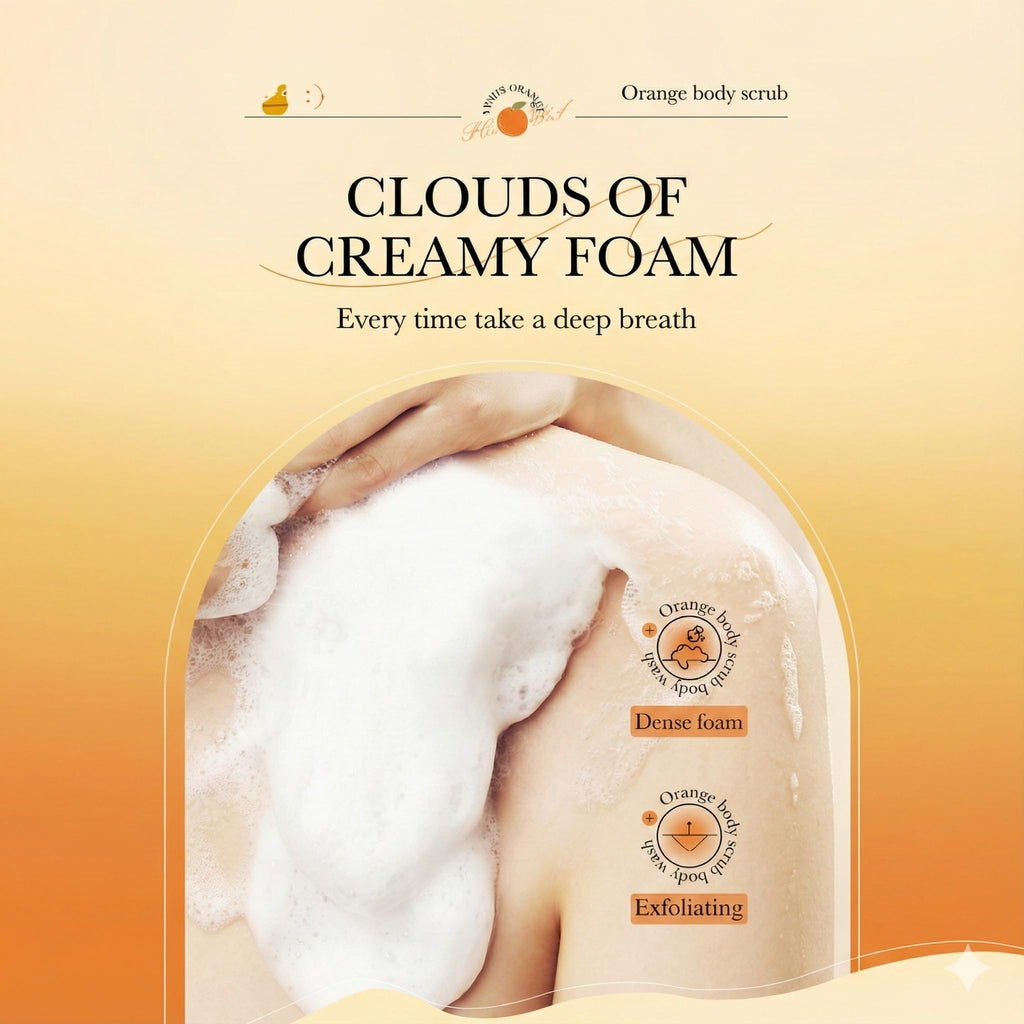 Wayfengli Orange Exfoliating Body Wash - [300ml] Vitamin C Brightening Shower Gel with Natural Scrub - Citrus Scented Mild Body Scrub for Glowing Skin & Roughness - Refreshing Daily Cleanser