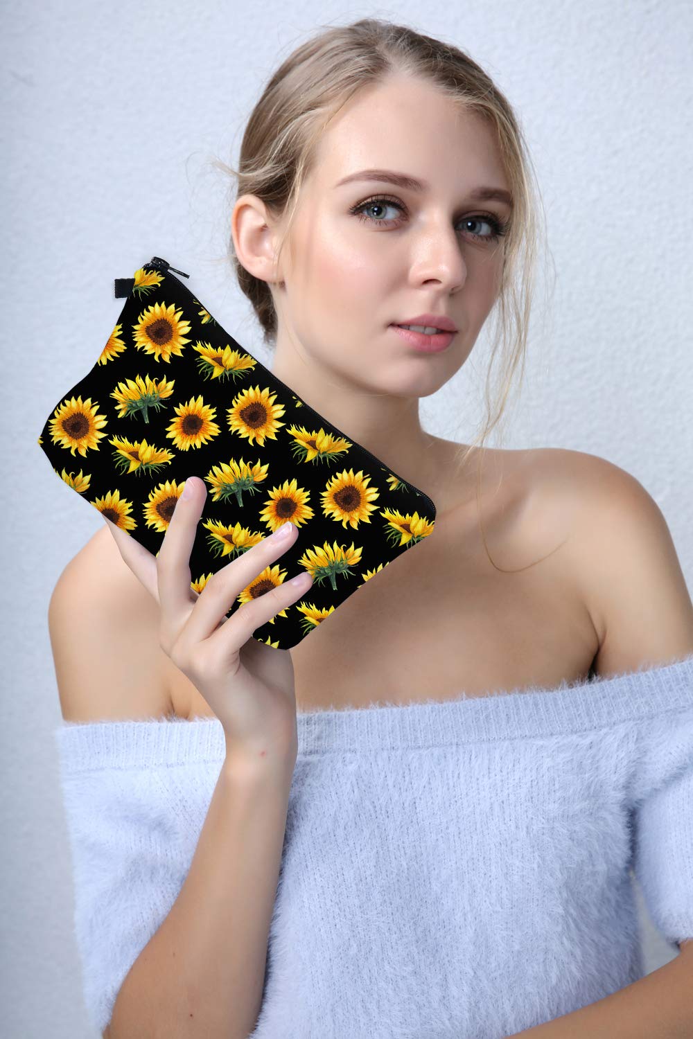 Deanfun Makeup Case Small, Cosmetic Zipper Bag Waterproof for Purse Mini, Women Cute Traveling Accessories Pouch for Ladies Thanksgiving Gifts(Sunflower D2-52355)