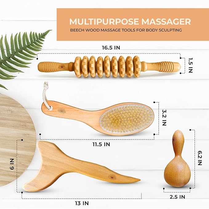 Nuddspa Wood Therapy Massage Tools 4 Pcs, Lymphatic Drainage Massager, Maderoterapia Kit, Anti Cellulite Complete Body Sculpting Tools for Total Relaxation & Relief (4 Pack)