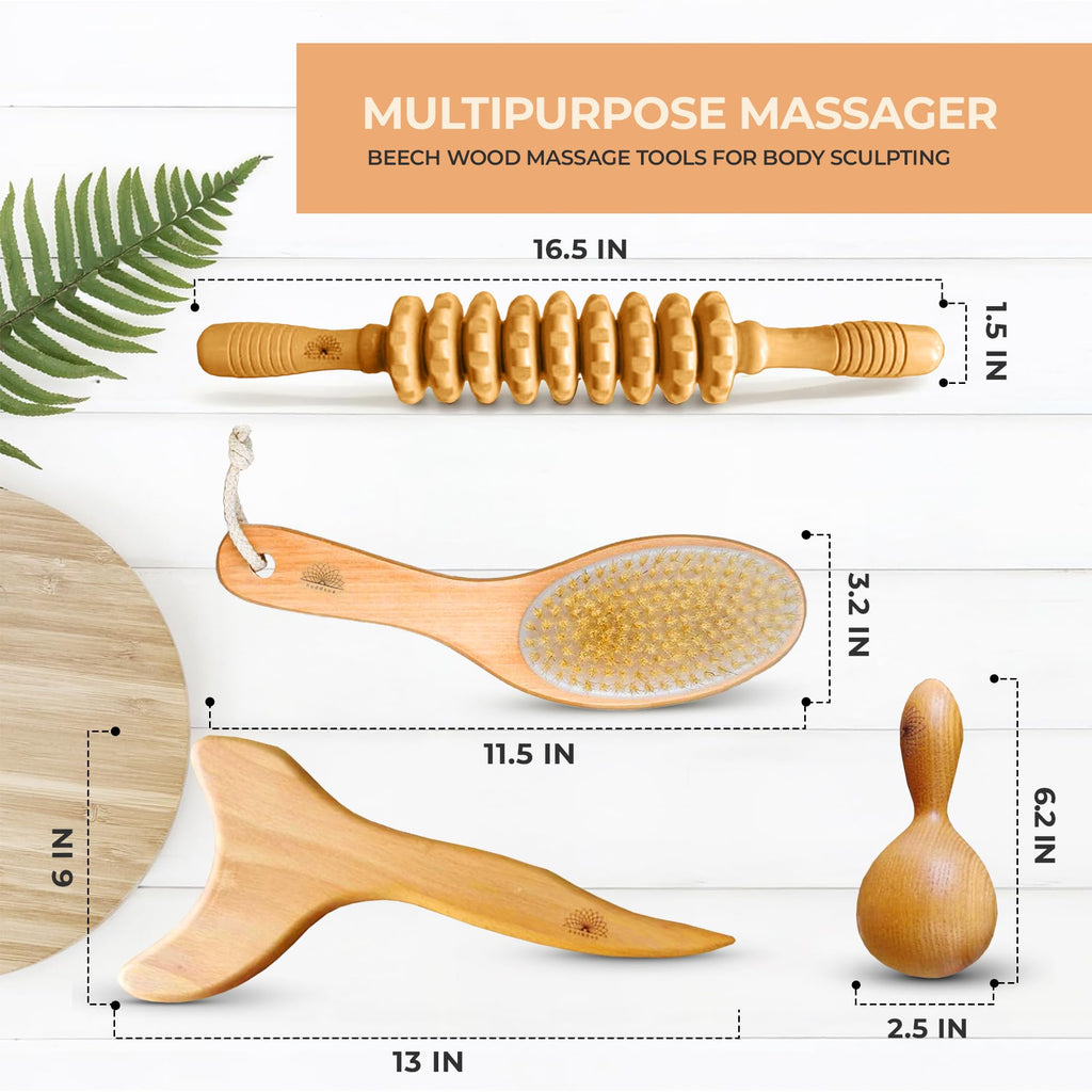 Nuddspa Wood Therapy Massage Tools 4 Pcs, Lymphatic Drainage Massager, Maderoterapia Kit, Anti Cellulite Complete Body Sculpting Tools for Total Relaxation & Relief (4 Pack)