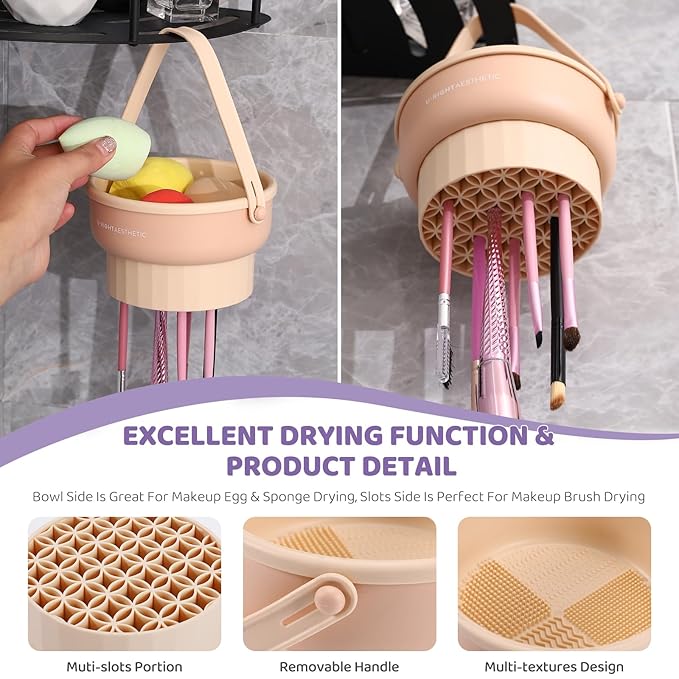 GOLIKEE 2 Pack Makeup Brush Cleaner Mat 3 in 1 Silicone Makeup Brush Cleaning Bowl Makeup Brush Sponge Scrubber Tool for Cleaning, Storage and Upside Down Drying, (Two Purple)