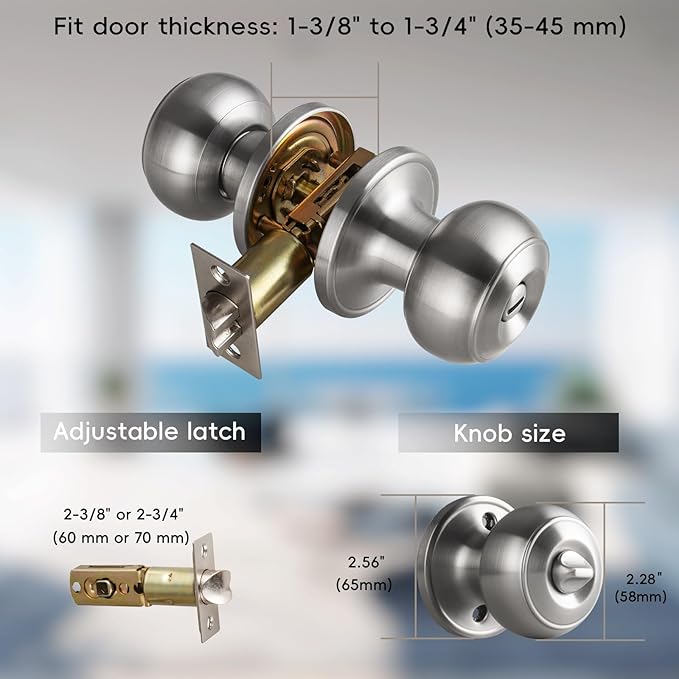 6 Pack Brushed Nickel Door Knobs Interior,Bath & Bed Privacy Door Knob, Keyless Door Lock Round Doorknobs