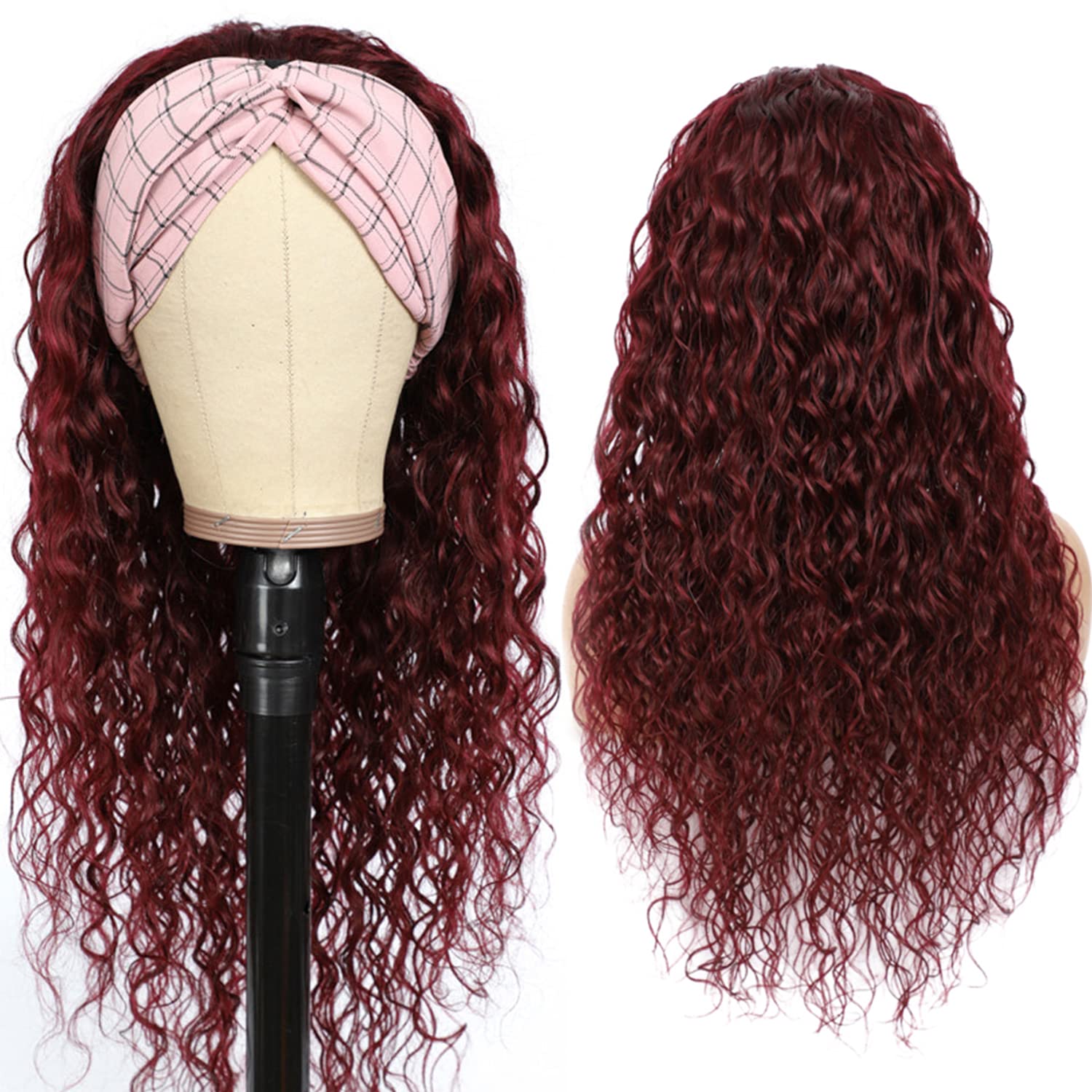 Aiterina Headband Wig deep wave human hair wigs for Black Women Brazilian Remy Hair Glueless Non Lace Front Wig 150% Density (10 inch, 99J)