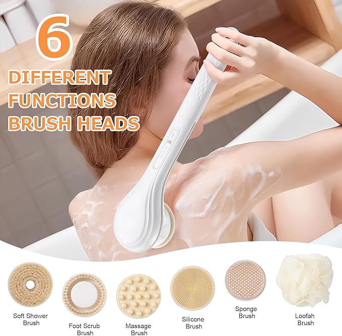 LINGSFIRE Electric Body Brush Rechargeable Back Scrubber for Shower Exfoliating Bath Brush Long Handle for Shower Lotion Applicator for Back Silicone Body Scrubber with 6 Shower Brush Heads