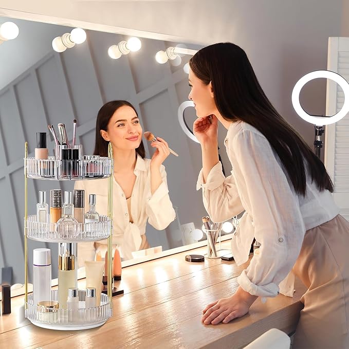 360° Rotating Makeup Organizer, Large-Capacity Skincare Make Up Storage 3 Tier Perfume Organizers Cosmetic Dresser Organizer with Makeup Brush Holder, Fits Bedroom, Bathroom, Vanity Shelf Countertop