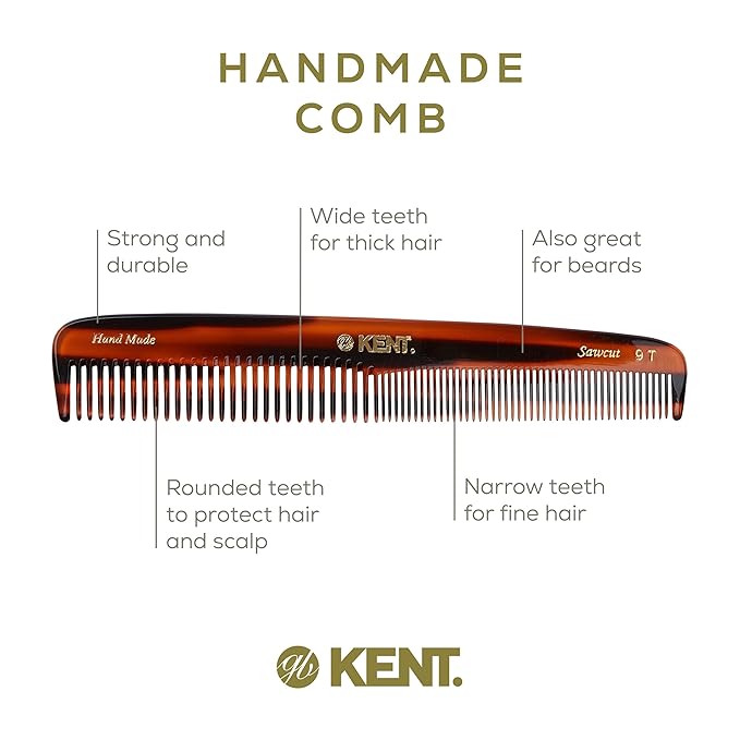 Kent 9T Tortoiseshell Fine Tooth and Wide Tooth Comb - Large Handmade and Saw-Cut Fine Hair Dressing Comb - Wet Hair Detangler Combs for Women and Durable Grooming Made in England