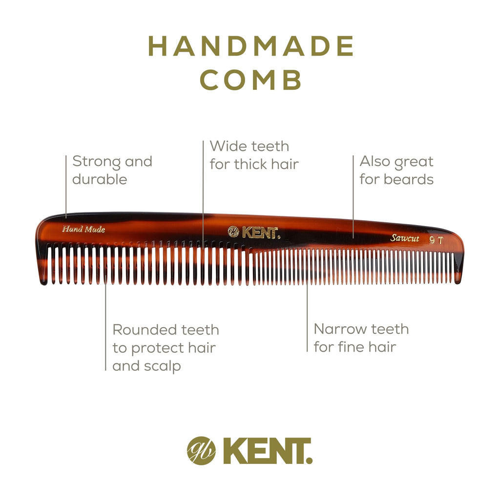 Kent 9T Tortoiseshell Fine Tooth and Wide Tooth Comb - Large Handmade and Saw-Cut Fine Hair Dressing Comb - Wet Hair Detangler Combs for Women and Durable Grooming Made in England