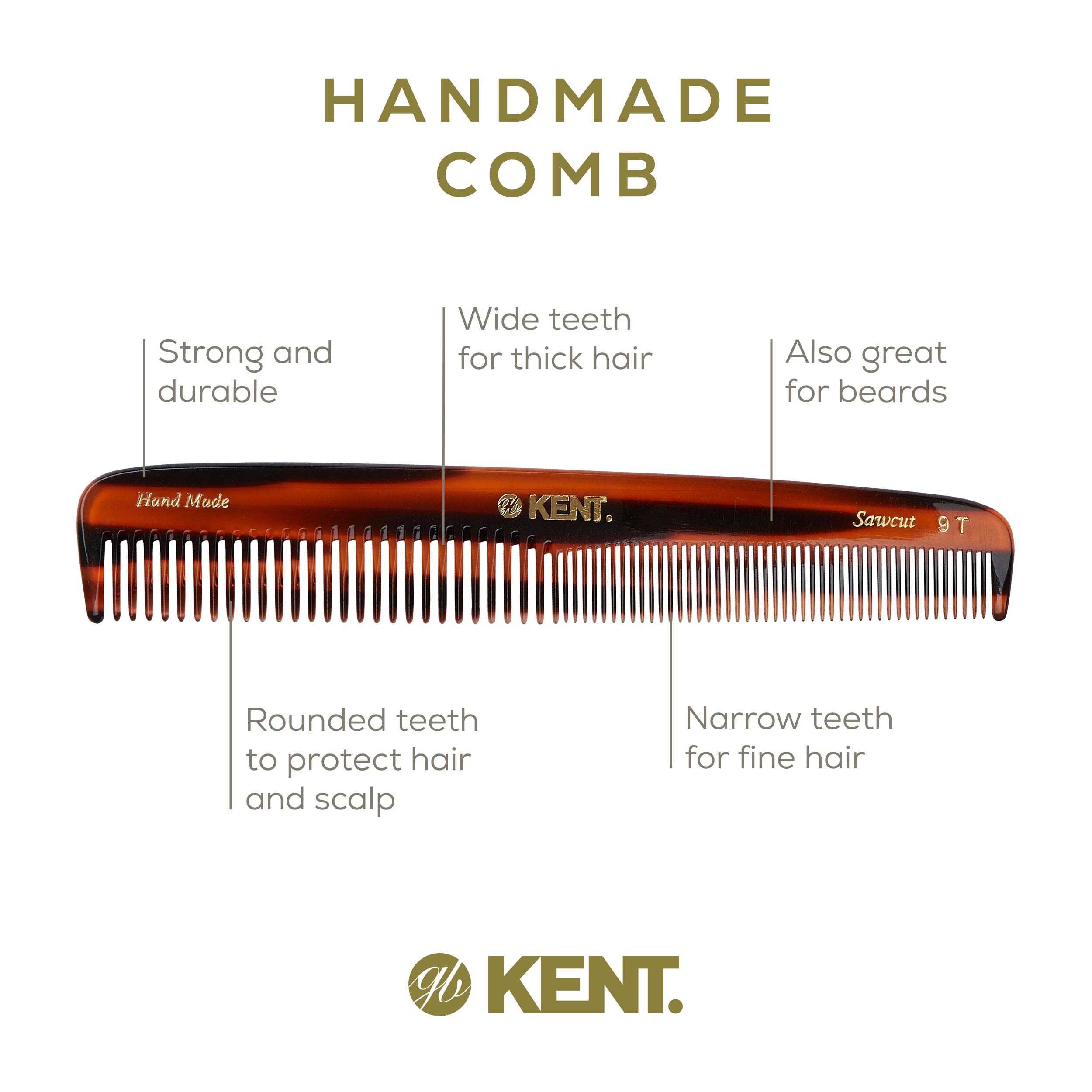 Kent 9T Tortoiseshell Fine and Wide Tooth Comb - Large Handmade and Saw-Cut Detangler for Wet Hair - Durable Grooming for Men and Women - Made in England