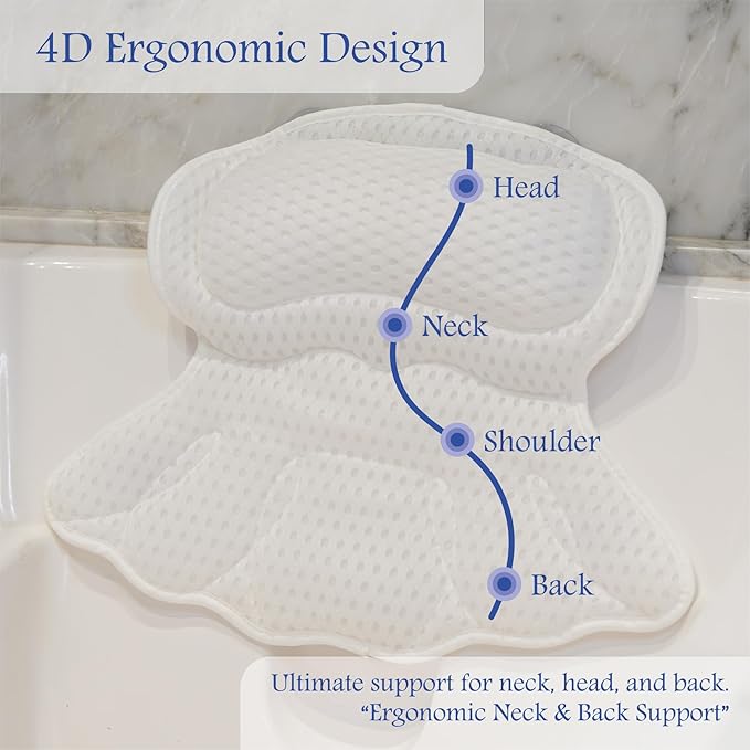Luxury Bath Pillow for Tub – Neck & Back Support with Soft 4D Mesh, Non-Slip Suction Cups, Spa Gift Set with Exfoliating Sponge & Scalp Massager
