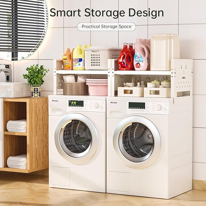 Ipotive Adjustable Top Storage Shelf for Refrigerator or Washer, Dryer Countertop, Expandable Storage Shelves for Kitchen, Laundry Room and Dorm Room (White)