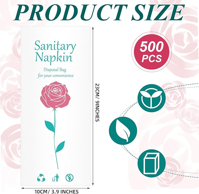 SilTriangle 500 Pcs Floral Sanitary Napkin Disposal Bags Feminine Hygiene Leak-Proof Personal Care Biodegradable Waste Bags for Pads Tampon Liners 9 x 3.9 Inches