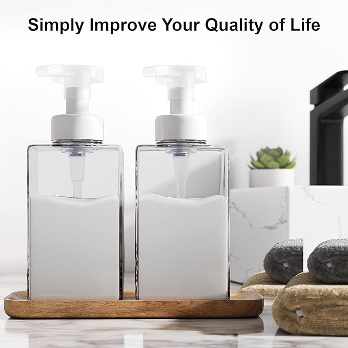 Kzeirm Foaming Soap Dispenser for Bathroom & Kitchen 15 Oz, Refillable Foam Hand Soap Dispenser for Liquid Soap, 2Pcs Foam Pump Bottle with Waterproof Labels, Clear