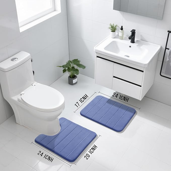 Yimobra U-Shaped Toilet Bath Mat Set 2 Piece - Soft Absorbent Quick Dry Memory Foam Bathroom Rugs, Machine Washable Non Slip Floor Carpet for Tub Shower & Single Sink (17x24 & 24x20, Navy Blue)