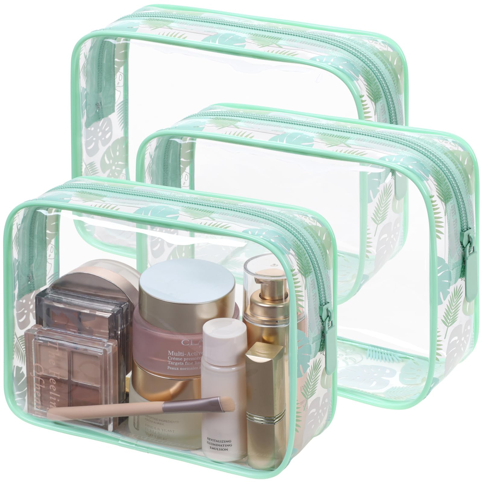 PACKISM TSA Approved Toiletry Bag - Mint Green Tropical Leaf Print 3 Pack Medium, Quart Size Clear Toiletry Bag, Suitable for Gifts Perfect for Travel Essentials, Thick No Smell