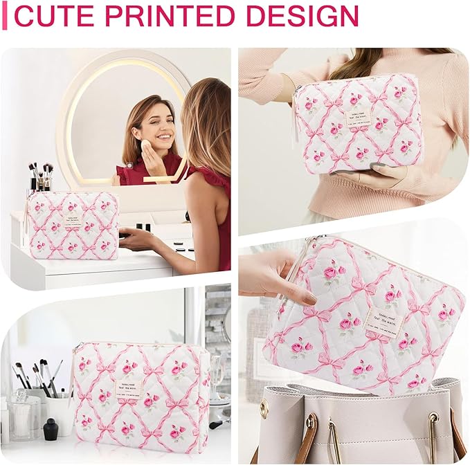 Gosect 2PC Makeup Bag Set, Cute Cosmetic Bag for Women Girls, Floral Coquette Aesthetic Toiletry Bag, Travel Make Up Organizer Bag (Pink bow)
