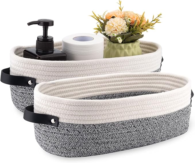 Oradrem 2 Pack Small Cotton Rope Woven Basket Toilet Paper Baskets for Organizing Decorative Basket for Boho Decor Small Storage Basket 13"x5.9"x4" Variegated Gray&White
