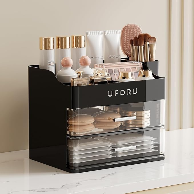 UFORU Makeup Organizer for Vanity with Brush Holder, Countertop Skincare Organizer with 2 Drawers, Spacious Cosmetic Display Case for Perfumes, Cologne, Shaving Lotion