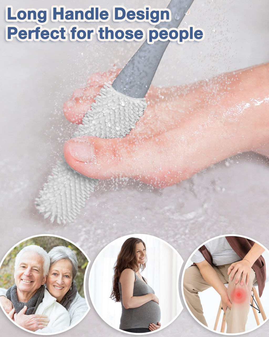 2 Pack Toe Cleaning Brush,15.7" Long Handle Silicone Foot Scrubber Bath Brush Bathroom Cleaner for Seniors Elderly Men and Women (Grey)