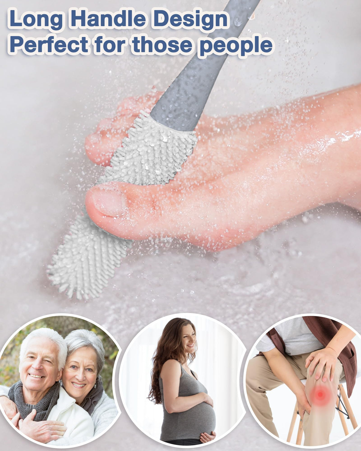 2 Pack Toe Cleaning Brush,15.7" Long Handle Silicone Foot Scrubber Bath Brush Bathroom Cleaner for Seniors Elderly Men and Women (Grey)