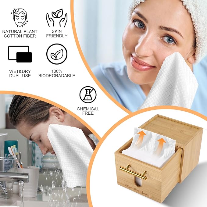 BSSN Face Towel Holder Bamboo Disposable Clean Towels Holder with Cotton Swab Box and 60ct Towels, Wall Mounted & Countertop Skincare Organizer, Bathroom Vanity Storage for Face Tissues & Makeup Pads