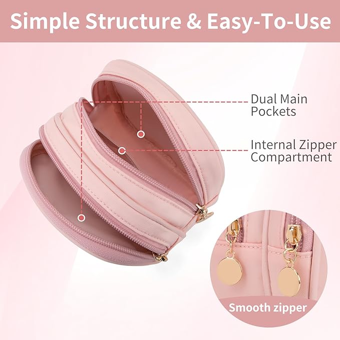 XIAOLER 2PCS Small Makeup Pouch, Double Zipper Cosmetic Bag, Travel Makeup Bag, Cute Makeup Bag for Purse, Mini Toiletry Bag (White+Pink)