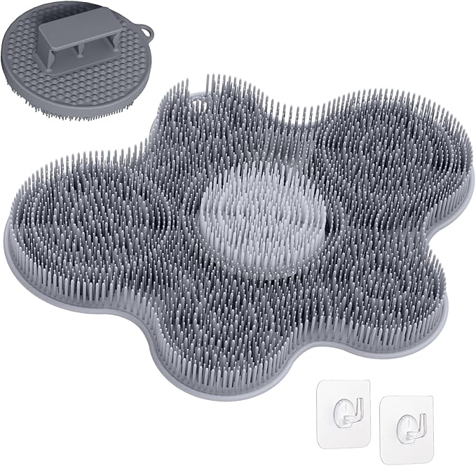 Upgrade Silicone Shower Foot Scrubber Mat & Silicone Body Scrubber Set, Large Wall-Mounted Back Scrubber Back Washer to Clean, Exfoliate and Massage Without Bending(Gray+Body Scrubber)
