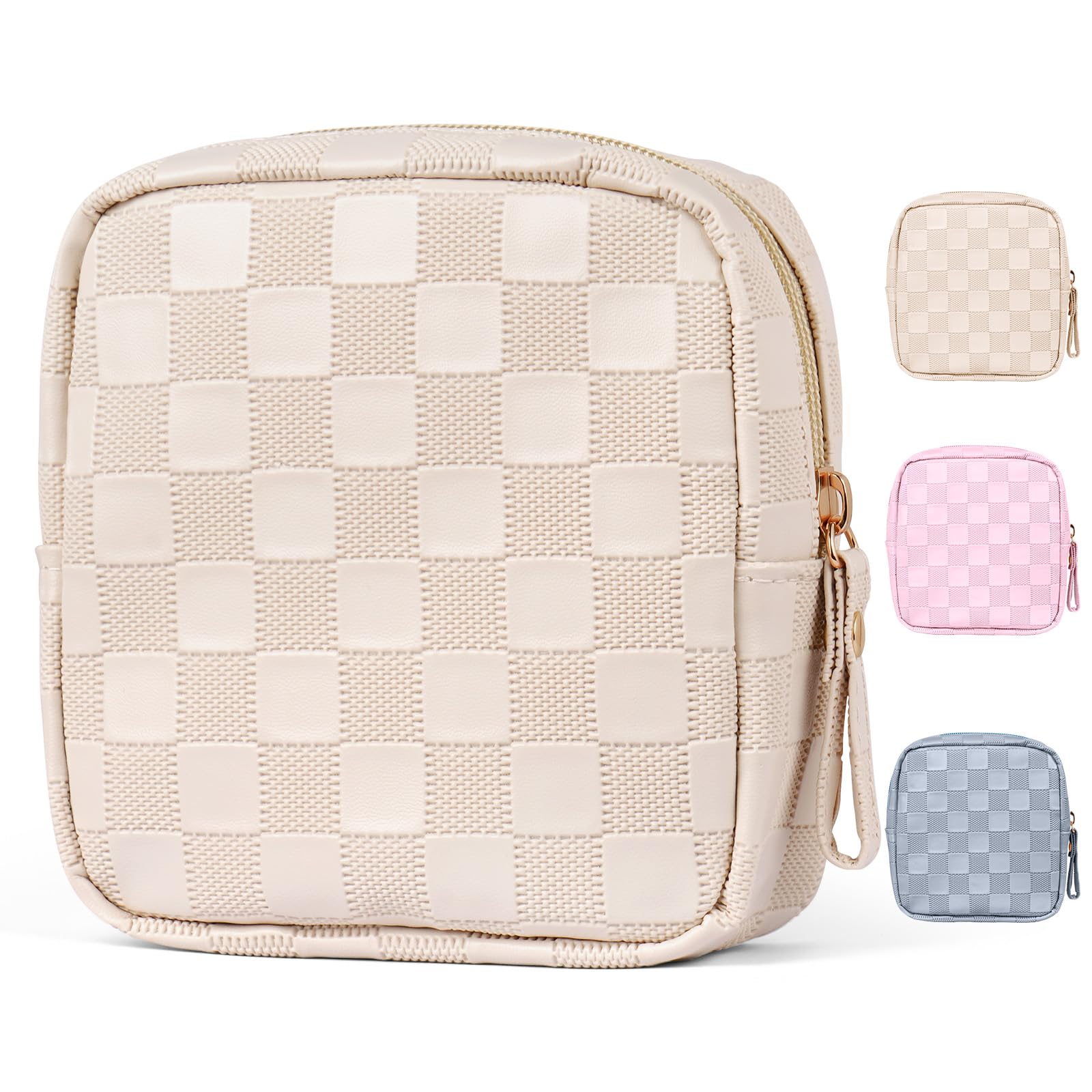 MAGEFY Small Makeup Bag for Purse, Checkered Makeup Bag Small Pouches for purse Leather Mini Make Up Bag Cute Cosmetic Bag for Women with Slip-in Pockets.Beige