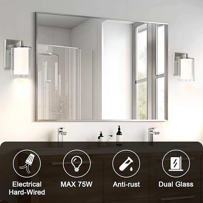 Wall Sconces Set of Two: Bathroom Sconce of 2, Silver Vanity Fixtures with Double Clear Glass Shade, E26 Base Hardwired Farmhouse Wall Lights for Bedroom Living Room Bathroom (Bulb not Included)