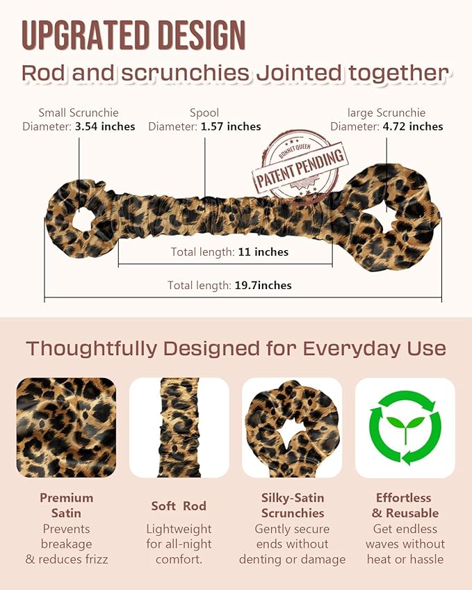 BONNET QUEEN Large Satin Heatless Hair Curler for Long Thick Hair, Heatless Curls Overnight, Hair Curlers to Sleep In, Damage-Free Waves for Women with Built-in Scrunchie, Leopard