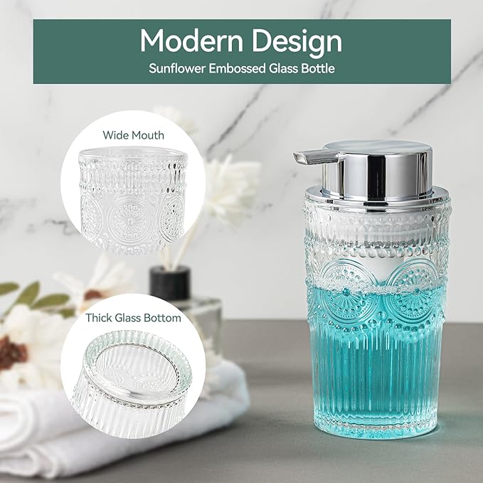 Glass Foaming Soap Dispenser Set - 2 Pack Foam Hand Soap Dispenser for Bathroom, Clear Hand Wash Dispenser Bottle with Silver Pump for Kitchen, 10 Oz Refillable Dish Liquid Foam Dispenser 2 Pcs
