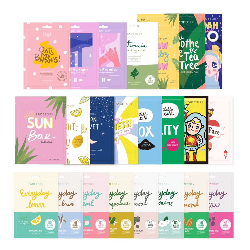 FACETORY 23 Collection Korean Face Mask Variety Pack, Hydrating & Calming