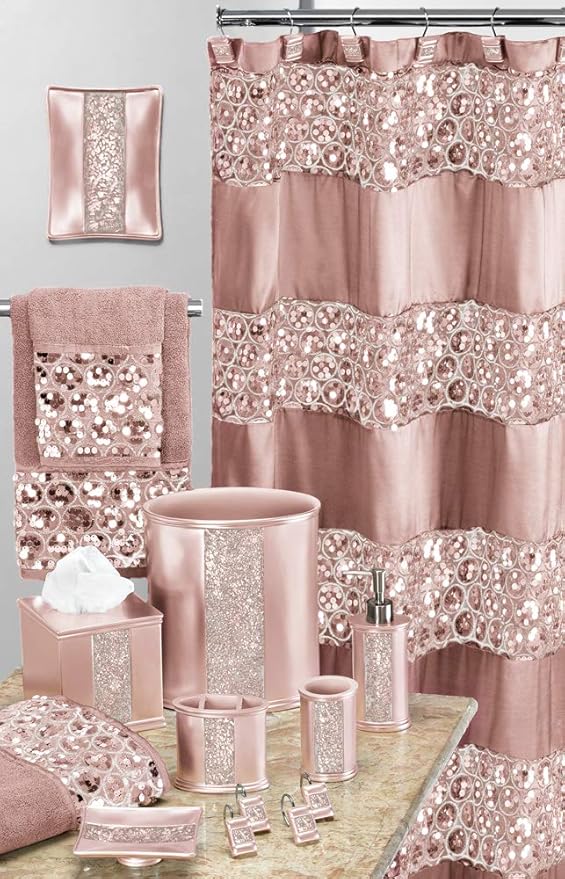 Zahari Home 13pc Sinatra Bathroom Shower Curtain Set - Blush Luxury Fabric With 12 Hooks - Unique Design Bling
