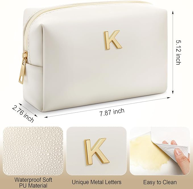 Kigeli Gifts for Women Teen Girls Gifts for Bridesmaid Mom Teachers Graduation Birthday Wedding Personalized Initial Makeup Bag Beige PU Leather Monogram Cosmetic Waterproof Travel Toiletry Bag(K)