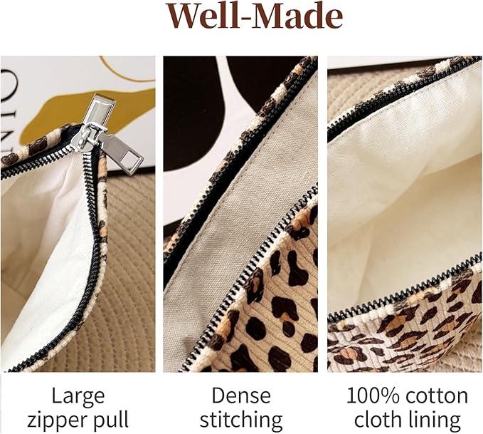 itgowisa Leopard Print Corduroy Makeup Bag, Travel Makeup Pouch for Purse