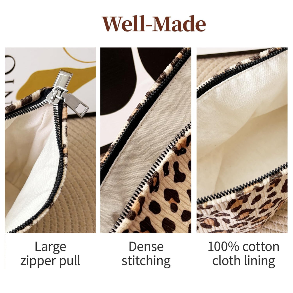 itgowisa Leopard Print Corduroy Makeup Bag, Travel Makeup Pouch for Purse