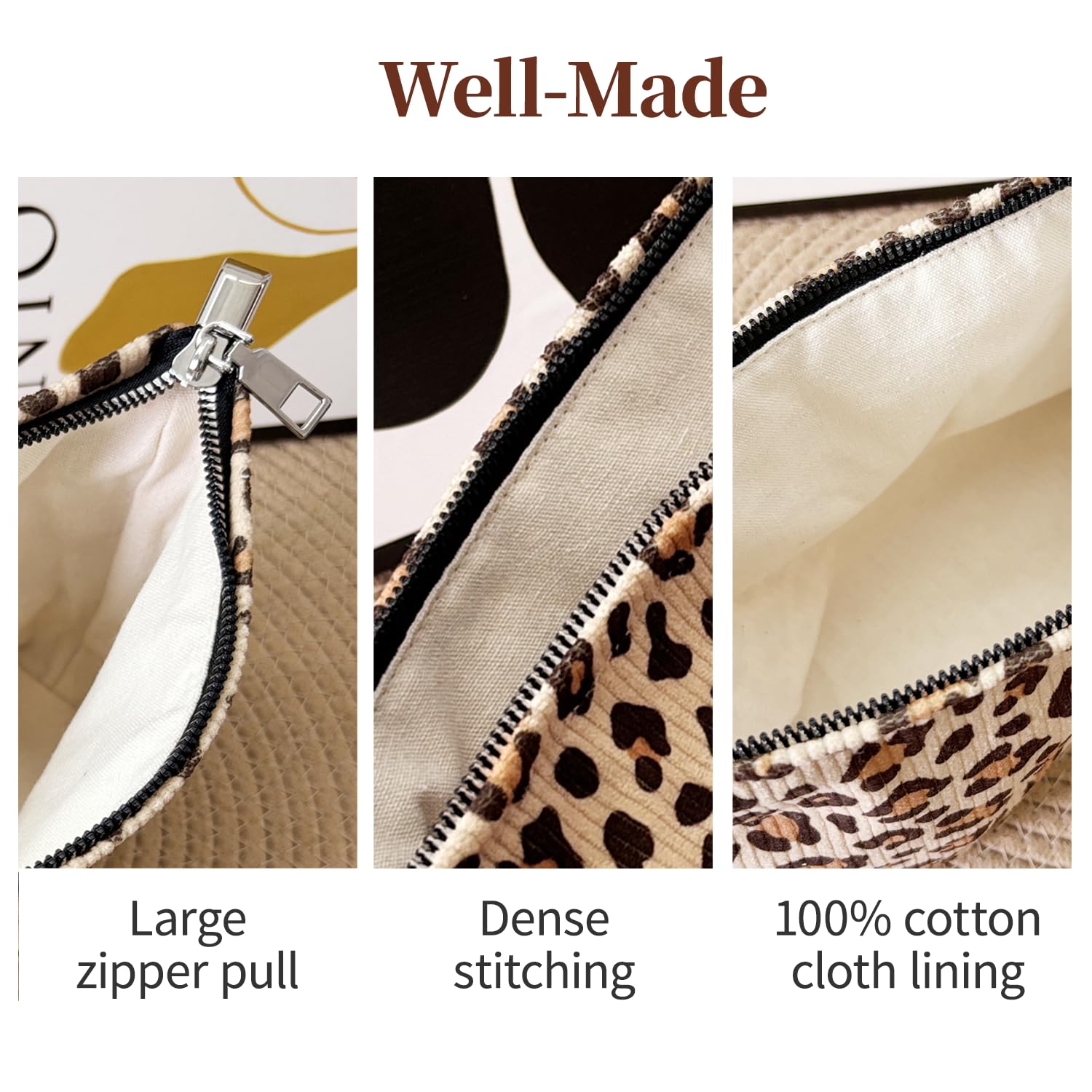 itgowisa Leopard Print Corduroy Makeup Bag, Travel Makeup Pouch for Purse