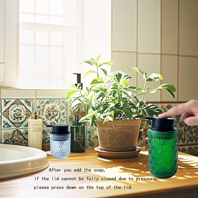 Foaming Hand Soap Dispenser,Vintage Glass Soap and Lotion Dispenser for Bathroom,Kitchen Dish Soap Dispenser with Black Foam Pump (Blue Begonia Flower+Black Lid)