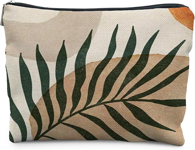 RYYCDOI Abstract Boho Botanical Makeup Bag, Tropical Palm Leaf Cosmetic Bags for Women, Boho Gifts for Women, Minimalist Modern Plant Zipper Makeup Pouch