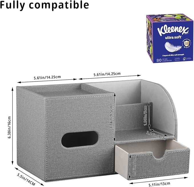 YAPISHI Tissue Box Cover with Storage Tray and Drawer, PU Leather Square Tissue Box Holder, Modern Cube Facial Tissue Dispenser, Makeup Holder, Remote Control Organizer for Nightstand, Bathroom Vanity