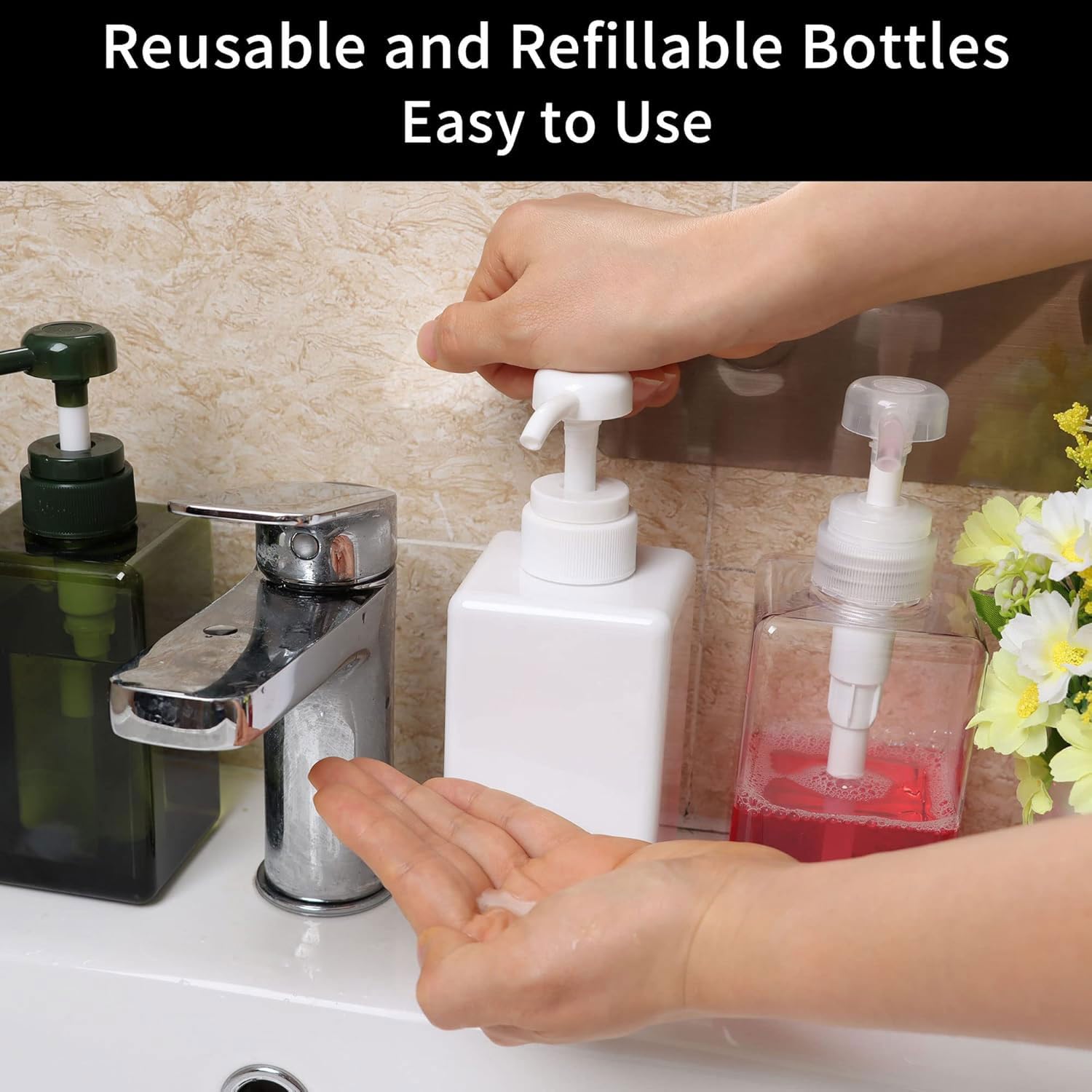 450ml (15.2oz) Pump Bottle Dispenser Jansburg 2Pack Refillable Square Plastic Lotion Dispenser Empty Lotion Pump Bottle for Essential Oil Soap Lotion Shampoo, Bathroom/Kitchen/Travel White