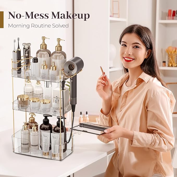 Aveniee Bathroom Counter Organizer Countertop, 3 Tier Makeup Perfume Storage with Hair Dryer Rack and Toothbrush Holder, Cosmetic Tray for Vanity - Clear