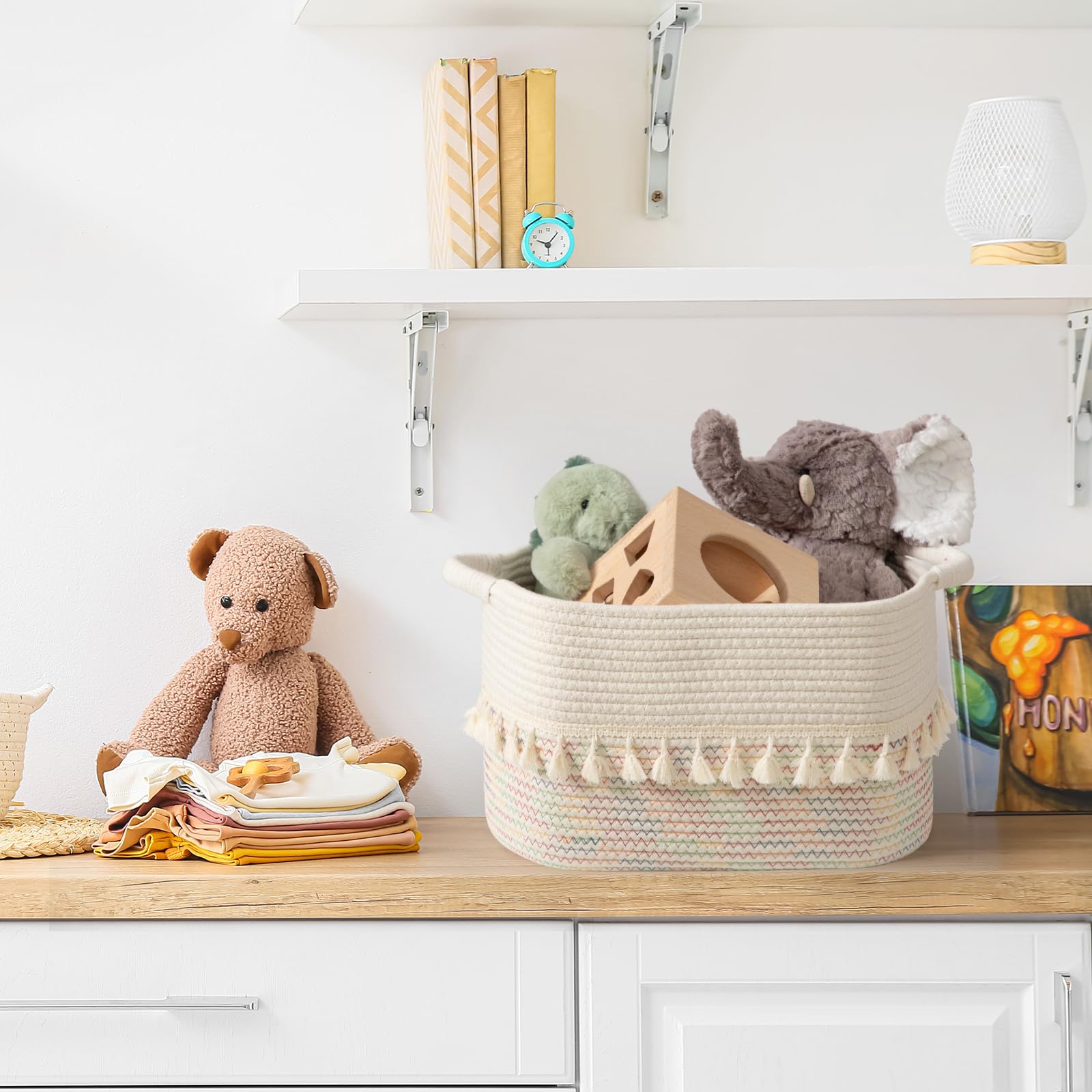 TeoKJ Woven Baskets for Storage, Set of 3 Cotton Rope Basket with Handle for Decor and Storage, Cute Baskets for Organizing in Classroom, Kitchen, Bathroom, White & Stitches Rainbow